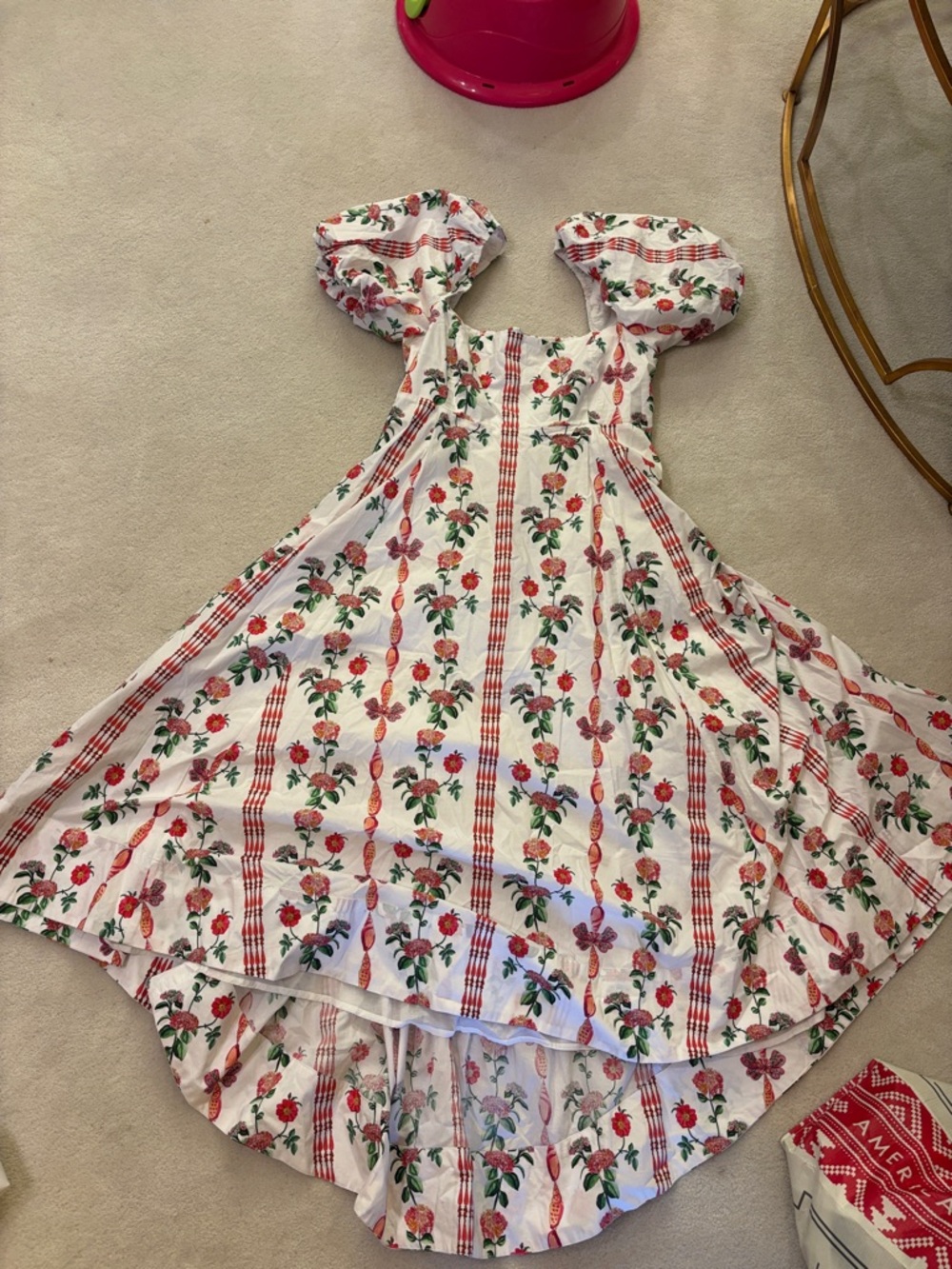 Hill house Puff-Sleeve Midi Dress in White with Red & Green Print
